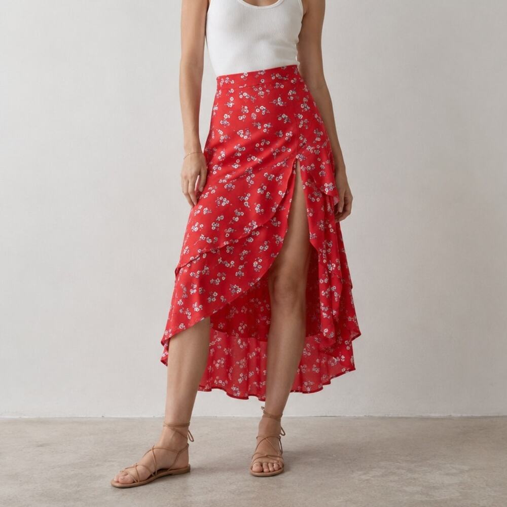 Flynn Skye Nadia Tiered-flounce A-line Midi Skirt In Ciao For Now, size L